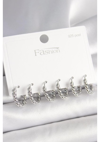 925 Ayar Gümüş Çivi Pirinç Gümüş Renk Sarmal Halka Model Kadın Küpe Seti - BKP10416 (292292)