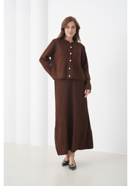 Kadın Pileli Etek Kazağı Düğmeli Tesettüre Uygun Örgü Triko Etekli Ceket Takım modelleri