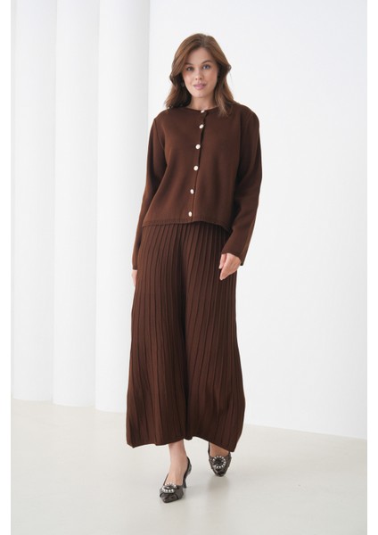 Kadın Pileli Etek Kazağı Düğmeli Tesettüre Uygun Örgü Triko Etekli Ceket Takım indirimleri