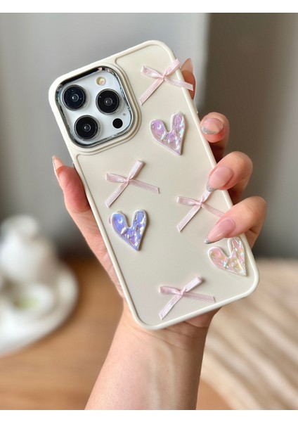 IPHONE 15 Pro Max 3D Fiyonk/kalp Dekorlu Ekru Kılıf