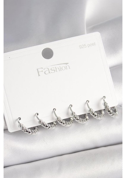 925 Ayar Gümüş Çivi Pirinç Gümüş Renk Kalp Işlemeli Halka Model Kadın Küpe Seti - BKP10412 (292292)