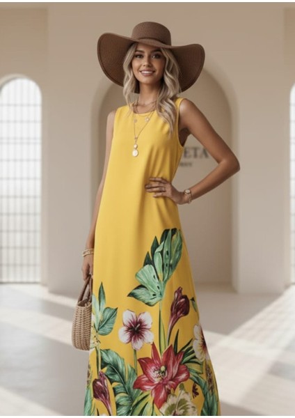 -Elbise Sarı Çiçekli Yazlık Maxi