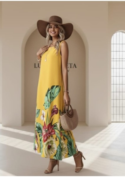 -Elbise Sarı Çiçekli Yazlık Maxi indirimleri