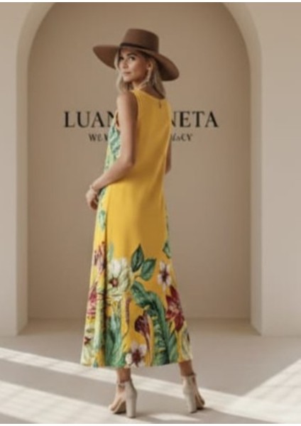 -Elbise Sarı Çiçekli Yazlık Maxi