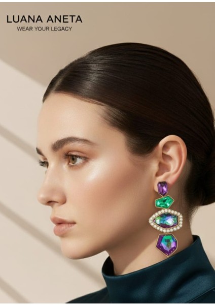 -Bohem Geometrik Damla Küpe - Mor, Yeşil ve Altın Vurgulu - Şık Günlük ve Resmi Etkinlikler Için