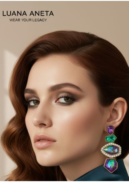 -Bohem Geometrik Damla Küpe - Mor, Yeşil ve Altın Vurgulu - Şık Günlük ve Resmi Etkinlikler Için modelleri