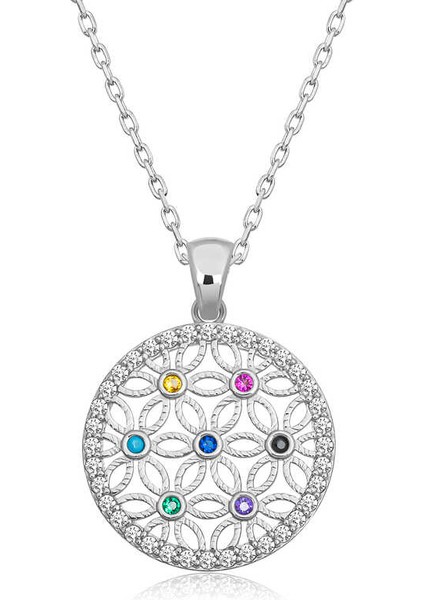 925 Ayar Gümüş Renkli Taşlı Yaşam Çiçeği Kadın Gümüş Kolye T6636 (292292)