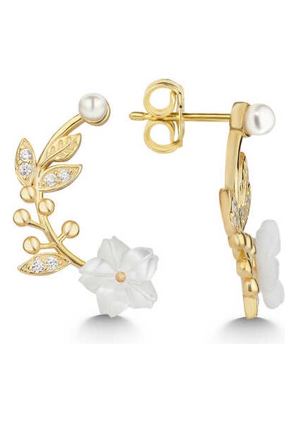 925 Ayar Gümüş Gold Sedef Çiçek Çivili Kadın Küpe T7548 (292292)