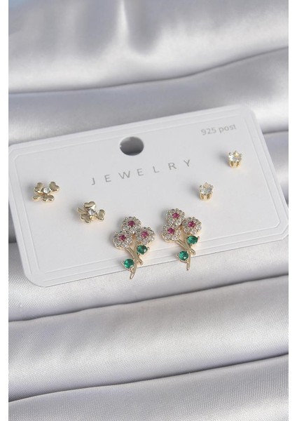 Pirinç Gold Renk Renkli Zirkon Taşlı Çiçek Model Yaprak Detay 925 Ayar Gümüş Çivi Kadın Küpe Seti - BKP10486 (292292)