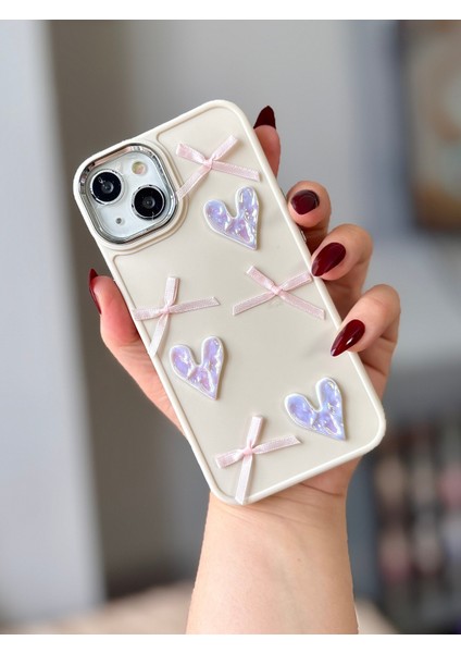 IPHONE 13/14/15 Uyumlu 3D Fiyonk Dekorlu Ekru Kılıf