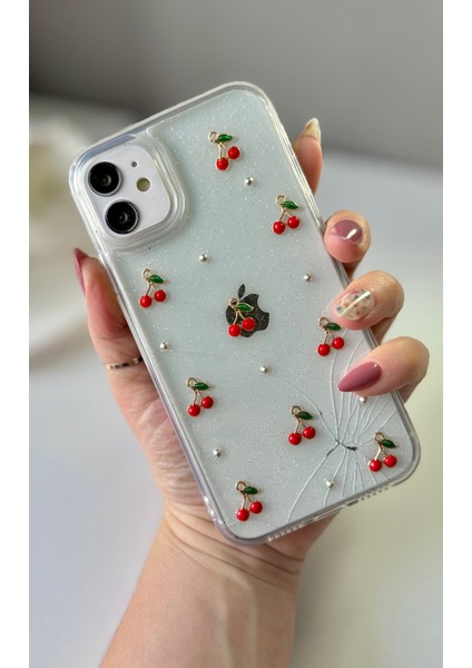 IPHONE 12/12 Pro Uyumlu 3D Taşlı Kiraz Dekorlu Epoksi Tasarımlı Şeffaf Kılıf fiyatları