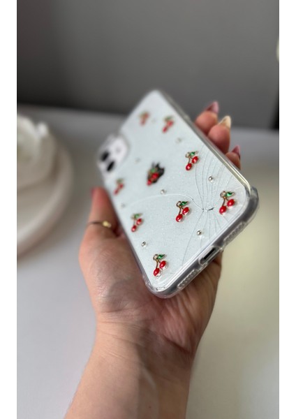 IPHONE 12/12 Pro Uyumlu 3D Taşlı Kiraz Dekorlu Epoksi Tasarımlı Şeffaf Kılıf modelleri