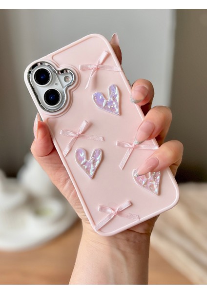 IPHONE 16 3D Fiyonk/kalp Dekorlu Pembe Kılıf