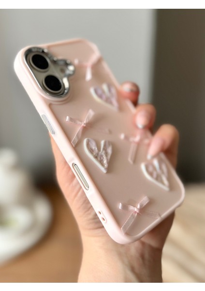 IPHONE 16 3D Fiyonk/kalp Dekorlu Pembe Kılıf modelleri