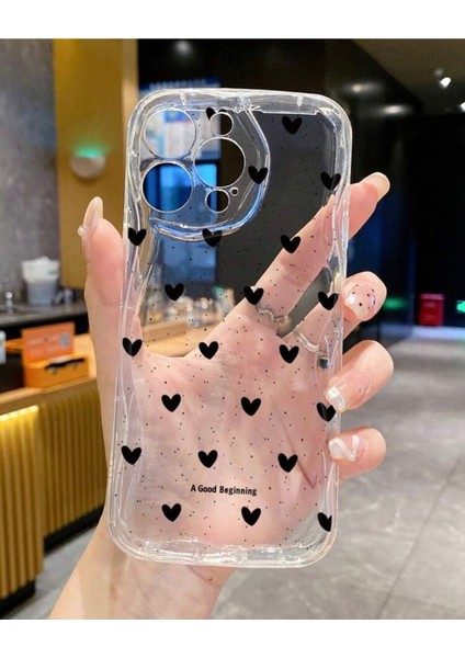 IPHONE 14 Promax Şeffaf Dalgalı Kenarlı Kalp Desenli Kılıf modelleri