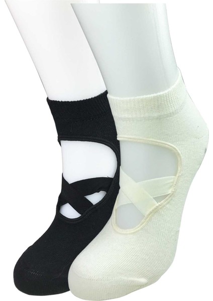 2 Adet Kaydırmaz Taban Kadın Dans Pilates ve Yoga Çorabı Siyah Krem