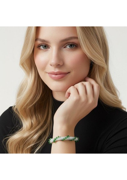 El Işçiliği Kristal Kadın Bileklik Sarmal KBLK23 Yeşil Renk 19CM Takı