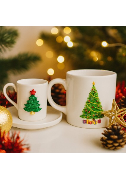 Çam Ağacı Aksesuarlı Kahve Fincanı ve Baskılı Kupa Bardak, Yeni Yıl Hediyelik Fincan ve Kupa