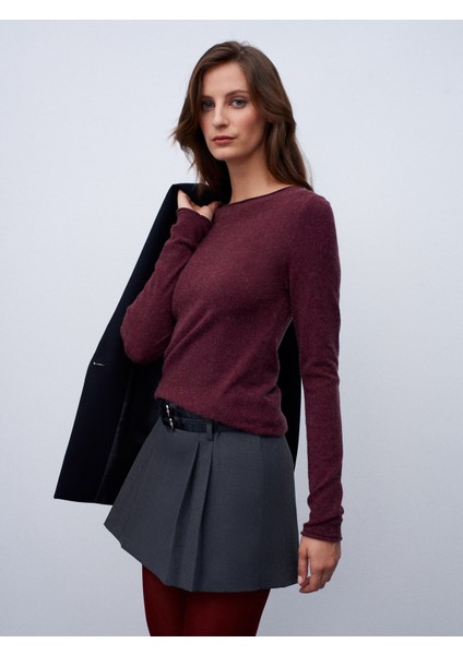 10840 Kayık Yaka Kaşmir Karışımlı Kazak-Bordo M.
