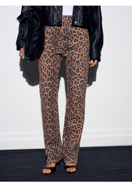 72078 %100 Pamuk Leopar Desenli Jean-Camel