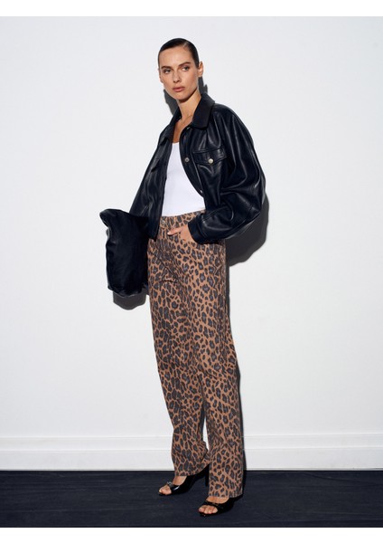 72078 %100 Pamuk Leopar Desenli Jean-Camel modelleri