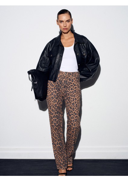 72078 %100 Pamuk Leopar Desenli Jean-Camel fırsatları