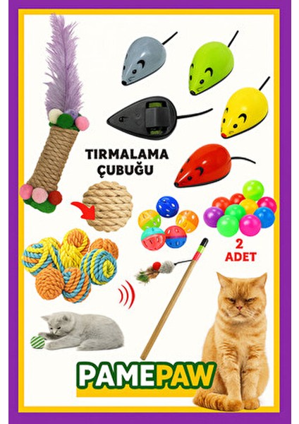 7'li Set : Çek Bırak Fare , Sarma Top , Olta , 2'li Mini Top , Çıngıraklı Top , Tırmalama Çubuğu