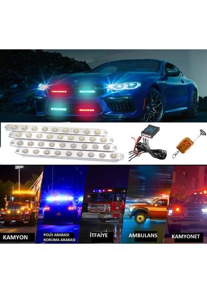 Oto Ön Panjur Çakarı Kumandalı Kırmızı Mavi 4x9 LED