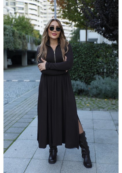 Buketli Kadın Fermuarlı Dik Yaka Yandan Iki Yırtmaçlı Beli Büzgülü Uzun Kollu Uzun Elbise fiyatları