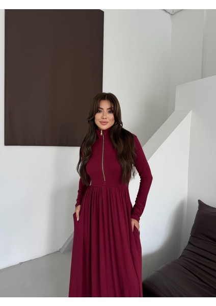 Buketli Kadın Fermuarlı Dik Yaka Yandan Iki Yırtmaçlı Beli Büzgülü Uzun Kollu Uzun Elbise fiyatları