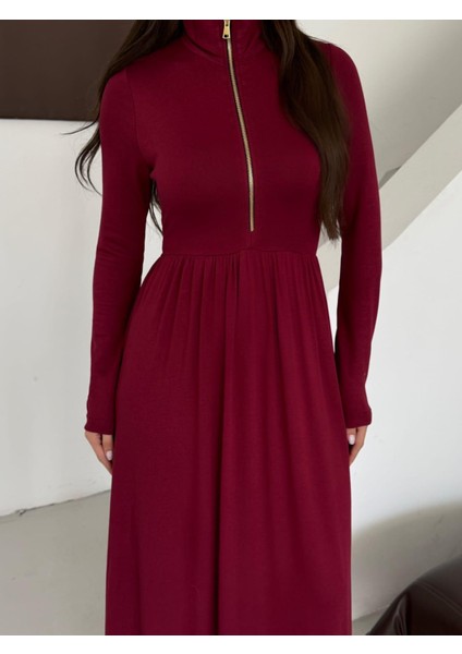 Buketli Kadın Fermuarlı Dik Yaka Yandan Iki Yırtmaçlı Beli Büzgülü Uzun Kollu Uzun Elbise modelleri