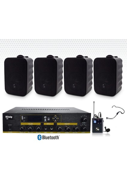 4’lü Duvar Hoparlörlü Yaka Mikrofonlu Bluetooth Anfi Ses Sistemi Seti