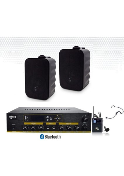 2’lı Duvar Hoparlörlü Yaka Mikrofonlu Bluetooth Anfi Ses Sistemi Seti