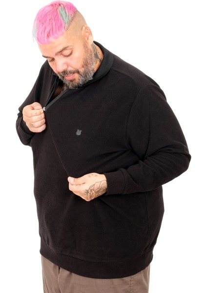 Büyük Beden Erkek Sweat Polo Yaka Waffle Selanik Siyah 25822