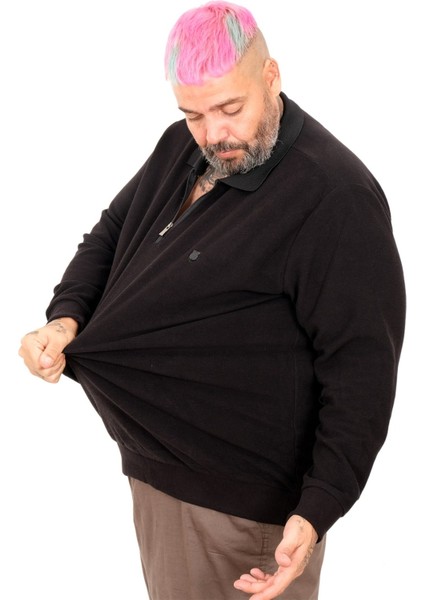 Büyük Beden Erkek Sweat Polo Yaka Waffle Selanik Siyah 25822 modelleri