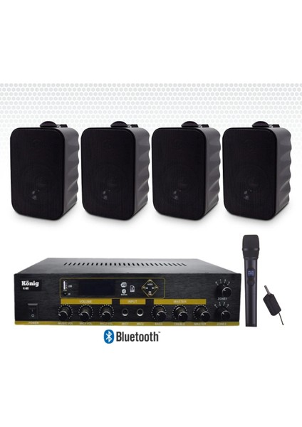 4’lü Duvar Hoparlörlü Yaka Mikrofonlu Bluetooth Anfi Ses Sistemi Seti