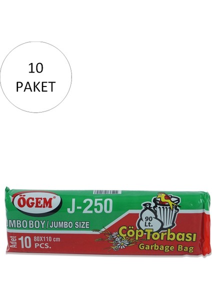 J-250 Jumbo Boy Çöp Torbası 80 x 110 cm 10 Lu Rulo x 10 Paket = 100 Adet (Siyah)