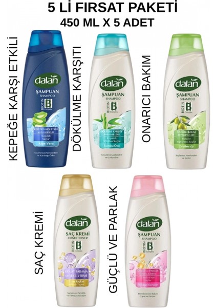 Dalan 4 Çeşit Şampuan & Saç Kremi 5'li Fırsat Paketi 450 ml – Tüm Saçlar Için