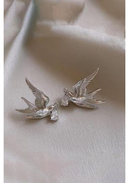 Taşlı Anka Kuşu Gümüş Rengi Küpe