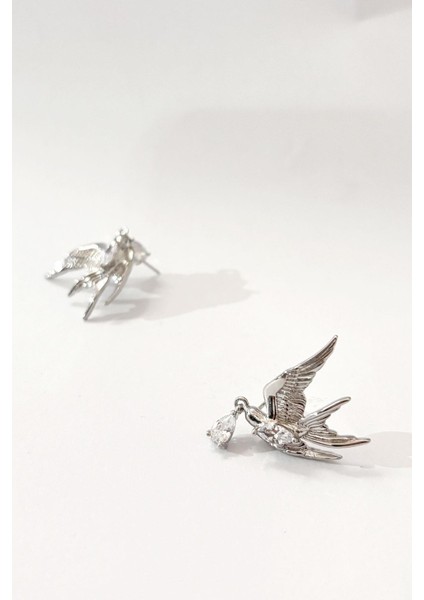 Taşlı Anka Kuşu Gümüş Rengi Küpe modelleri