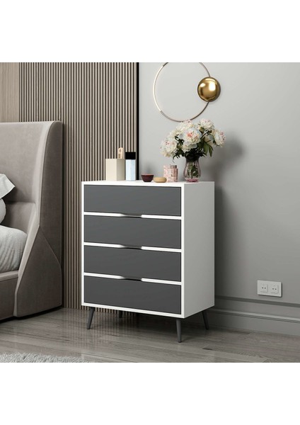 Elina Ayaklı 4 Çekmeceli Şifonyer - Beyaz/antrasit