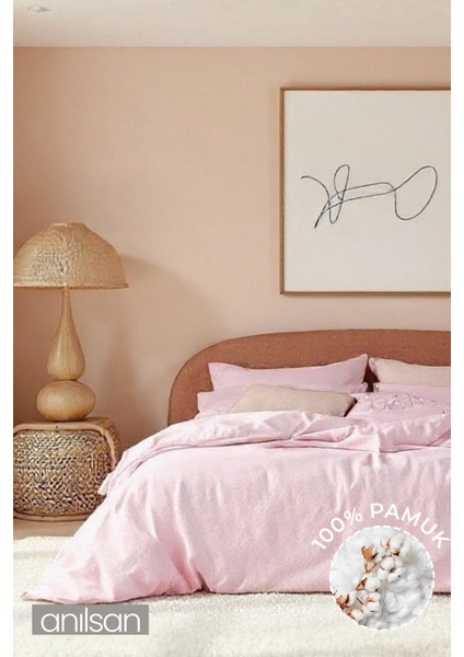 Düz Pudra Tek Kişilik Lastikli Çarşaf Düğmeli Ranforce Nevresim Takım %100 Pamuk 1 Adet Yastık Kılıf