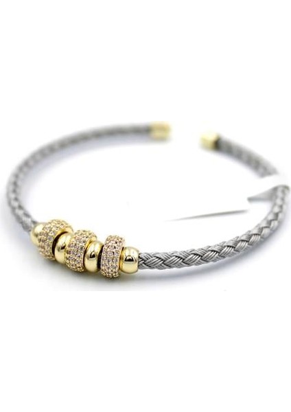 Taşlı Örgü Bilezik - Altın