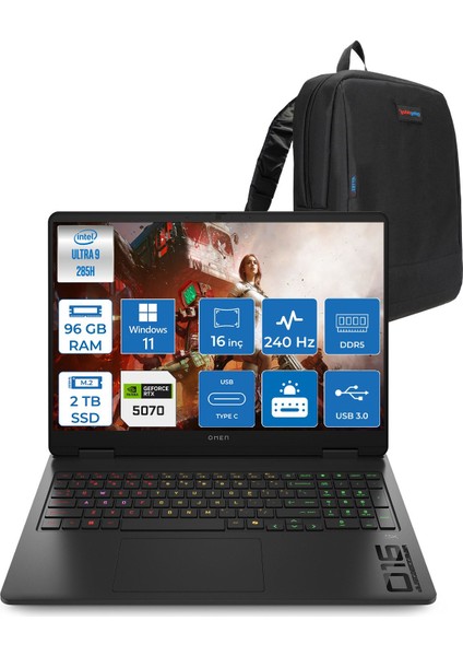 Omen Slim Intel® Core Ultra 9 285H Aı Ddr5 96GB 2tb SSD 8GB/RTX5070 16" Wqxga (2560 x 1600) 240 Hz, 3 Ms 500 Nits IPS WINDOWS11PRO Gaming Laptop CD7J9EAP45+ZETTAÇANTA