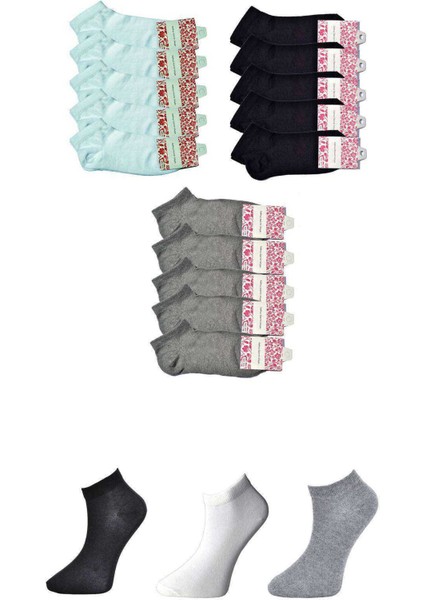 Siyah Gri ve Beyaz Kadın Bilek Çorap 15 Çift