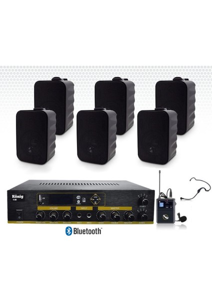 6’lı Duvar Hoparlörlü Yaka Mikrofonlu Bluetooth Anfi Ses Sistemi Seti