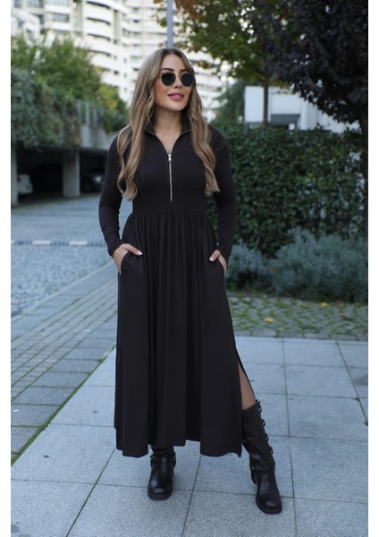 Buketli Kadın Fermuarlı Dik Yaka Yandan Iki Yırtmaçlı Beli Büzgülü Uzun Kollu Uzun Elbise