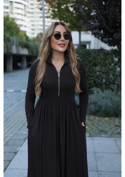 Buketli Kadın Fermuarlı Dik Yaka Yandan Iki Yırtmaçlı Beli Büzgülü Uzun Kollu Uzun Elbise modelleri