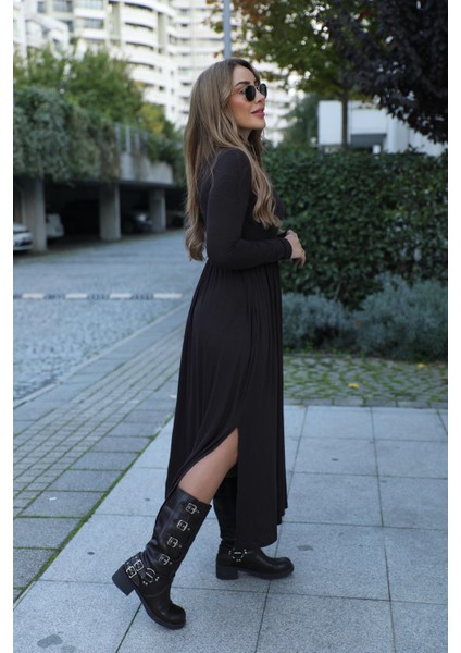 Buketli Kadın Fermuarlı Dik Yaka Yandan Iki Yırtmaçlı Beli Büzgülü Uzun Kollu Uzun Elbise fırsatları