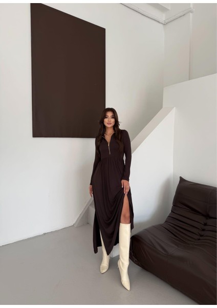 Buketli Kadın Fermuarlı Dik Yaka Yandan Iki Yırtmaçlı Beli Büzgülü Uzun Kollu Uzun Elbise indirimleri